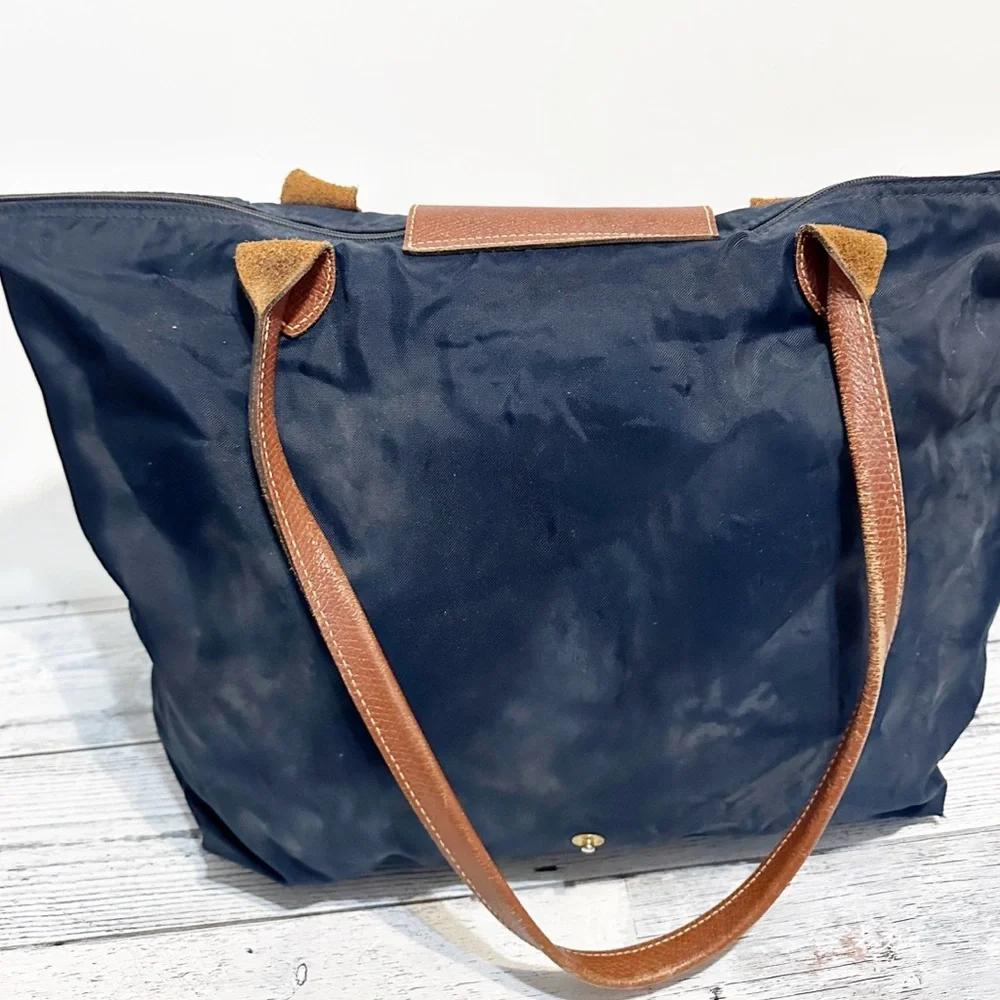 LONGCHAMP Le Pliage Navy Blue Canvas Br Copy gather Trim Travel Tote Bag - Picture 2 of 7